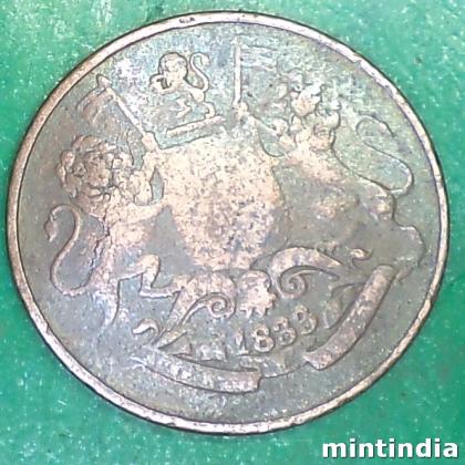 1833 BOMBAY PRESIDENCY QUARTER ANNA TARAJU BOMBAY MINT HEAVY USED  COIN AB414