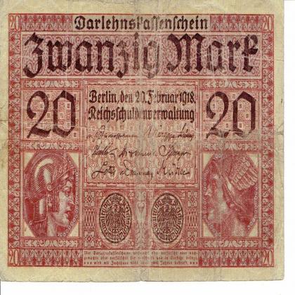 1918 GERMANY WW ERA NAZI BERLIN MINT 20 MARK BANKNOTE  037