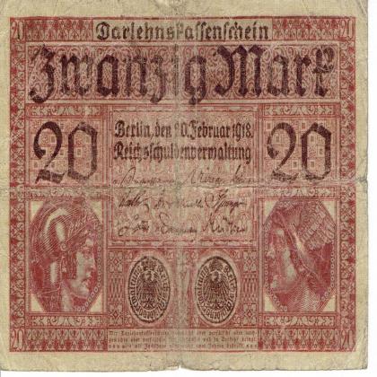 1918 GERMANY WW ERA NAZI BERLIN MINT 20 MARK BANKNOTE  232