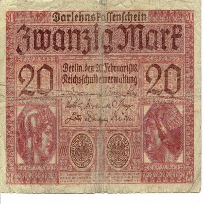 1918 GERMANY WW ERA NAZI BERLIN MINT 20 MARK BANKNOTE  876