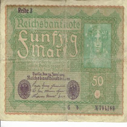 1919 WW 1 ERA Germany 50 Mark VINTAGE BANK NOTE 169