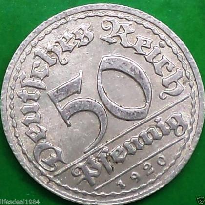 1920 D MUNICH MINT GERMAN EMPIRE WEIMAR REPUBLIC 50 PFENNIG WW 1 ERA COIN