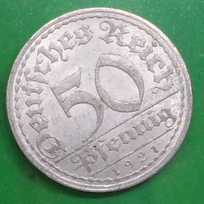 1921 A GERMAN EMPIRE WEIMAR REPUBLIC 50 PFENNIG WW 1 ERA COIN