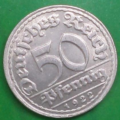 1922 D MUNICH MINT GERMAN EMPIRE WEIMAR REPUBLIC 50 PFENNIG WW 1 ERA COIN