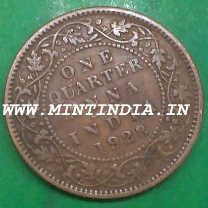 1928 KING GEORGE V KGV BRITISH QUARTER 1/4 ANNA KOLKATA MINT COIN