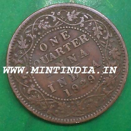 1929 KING GEORGE V KGV BRITISH QUARTER 1/4 ANNA KOLKATA MINT COIN
