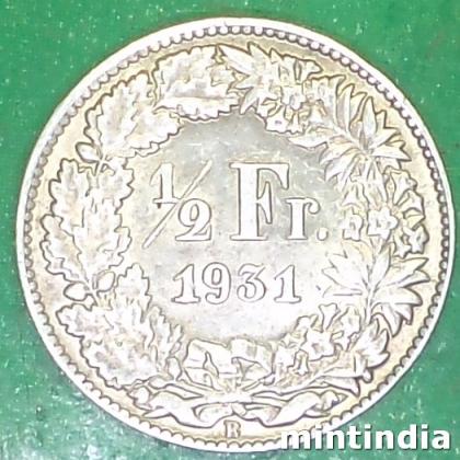 1931 SWIZERLAND SILVER  HALF FRANK Helvetia standing COIN EF300