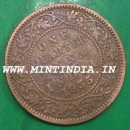 1935 KING GEORGE V KGV BRITISH QUARTER 1/4 ANNA KOLKATA MINT COIN