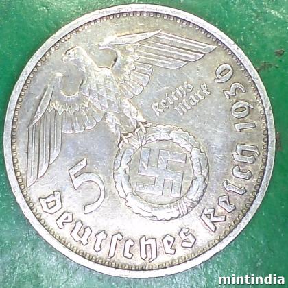 1936 D WW 2 NAZI SILVER 5 Reichsmark WITH SWASTIKA MUNICH MINT COIN