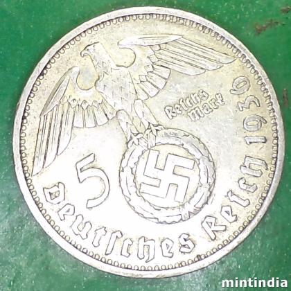 1936 A WW 2 NAZI SILVER 5 RM WITH SWASTIKA BERLIN MINT COIN