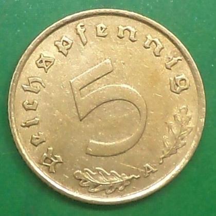 1938 A BERLIN MINT NAZI WORLD WAR HITLERs ERA 5 Reichpennig coin (a)
