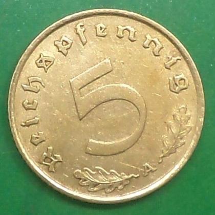 1938 A BERLIN MINT NAZI WORLD WAR HITLERs ERA 5 Reichpennig coin (a)