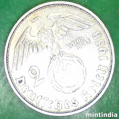 1938 A WW 2 NAZI SILVER 2 Reichsmark WITH SWASTIKA BERLIN MINT COIN