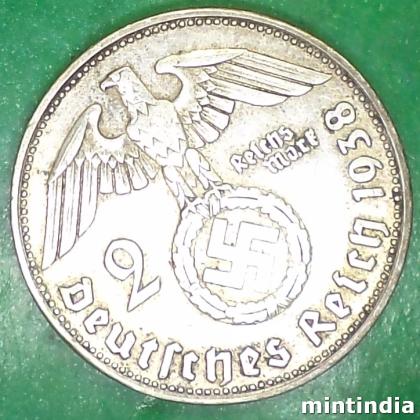 1938 D WW 2 NAZI SILVER 2 RM WITH SWASTIKA MUNICH MINT COIN