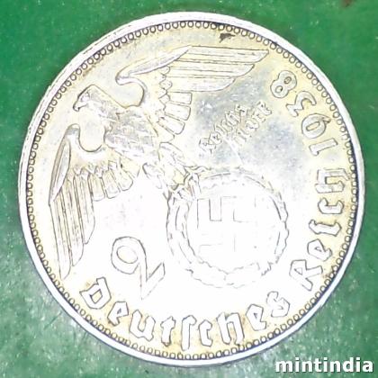 1938 D WW 2 NAZI SILVER 2 Reichsmark WITH SWASTIKA MUNICH MINT COIN