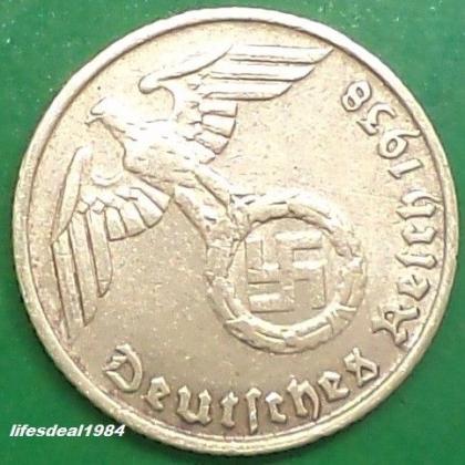 1938 E DRESDEN MINT NAZI WORLD WAR HITLERs ERA 10 Reichpennig coin (a)