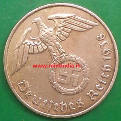 1938 F STUTTGART  MINT NAZI WORLD WAR HITLERs ERA 2 Reichpennig coin
