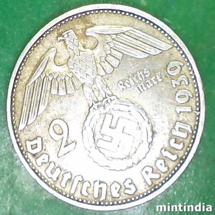 1939 D WW 2 NAZI SILVER 2 Reichsmark WITH SWASTIKA MUNICH MINT COIN