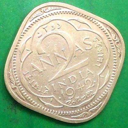 1942 2 ANNA KGVI King George VI  BOMBAY MINT Commemorative coin