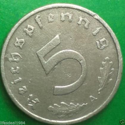 1942 A BERLIN MINT NAZI WORLD WAR HITLERs ERA 5 Reichpennig coin (a)