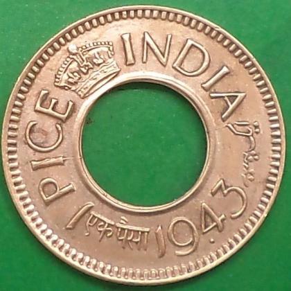 1943 PRETORIA MINT (South Africa) HIGH CROWN BRITISH INDIA King George VI 1 PICE HOLE KGVI COIN