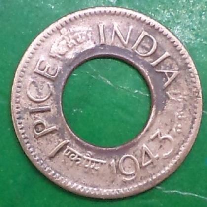 1943 KOLKATA CALCUTTA  MINT RAREST FLAT CROWN BRITISH INDIA King George VI 1 PICE HOLE KGVI COIN