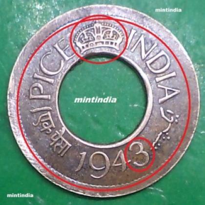 1943 KOLKATA CALCUTTA  MINT UNAPPROVED DESIGN RAREST CROWN DIFFER  BRITISH INDIA King George VI 1 PICE HOLE KGVI COIN
