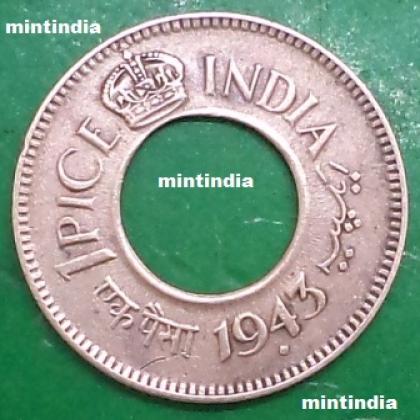 1943 MUMBAI BOMBAY MINT RARE ROUND CROWN BRITISH INDIA King George VI 1 PICE HOLE KGVI COIN