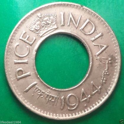 1944 PRETORIA MINT (South Africa) HIGH CROWN BRITISH INDIA King George VI 1 PICE HOLE KGVI COIN