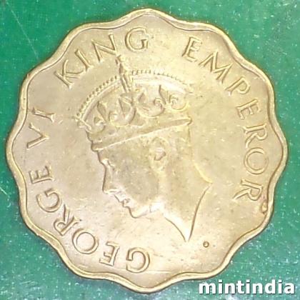 1944 ONE ANNA KGVI 2nd portrait  large crown low relief BRITISH INDIA BOMBAY MINT COIN EF332