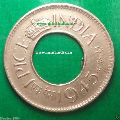 1945 KOLKATA CALCUTTA MINT FLAT CROWN  BRITISH INDIA King George VI 1 PICE HOLE KGVI COIN