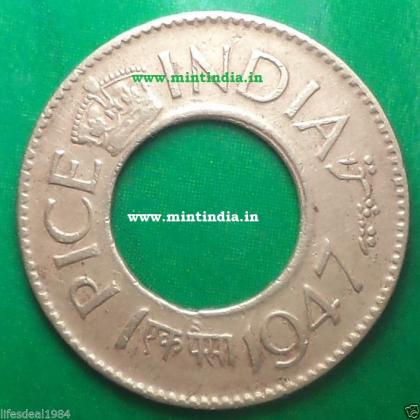 1947 KOLKATA CALCUTTA MINT HIGH CROWN  BRITISH INDIA King George VI 1 PICE HOLE KGVI COIN