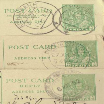 1950 ENGLISH TRIMURTI POSTCARDS 9 PAISE ISSUE 3 DIFFERENT VARIETIES  SET OF Reply , Annexed AND Plain
