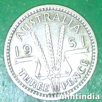 1951 AUSTRALIA SILVER 3 Pence  George VI without IND IMP COIN EF247