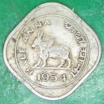 1954 HALF ANNA KOLKATA MINT BULL COIN JK45