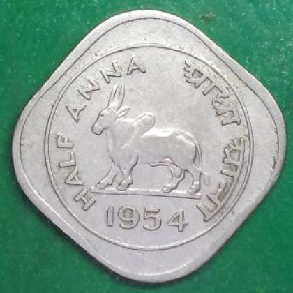 1954 HALF ANNA KOLKATA MINT BULL COIN JK56