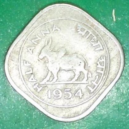 1954 HALF ANNA KOLKATA MINT BULL COIN JK70