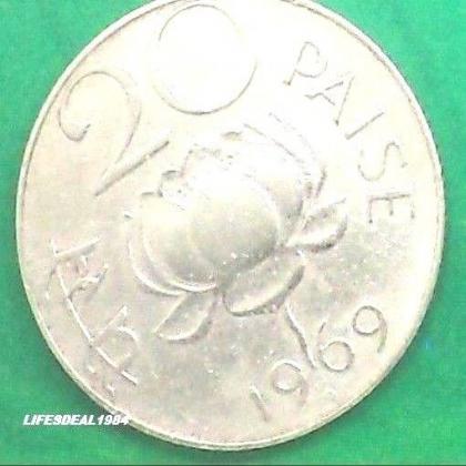 1969 BOMBAY MINT  BRASS 20 Paise LOTUS  HEAVY  Coin