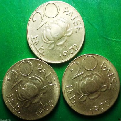 1970 20 paise LOTUS Hyderabad Kolkata Bombay Mint commemorative coin 3 coins set lot