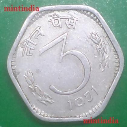 1971 3 PAISE KOLKATA MINT LIGHT STRIKE ERROR  No 9 looks as No 0 COIN NO 124