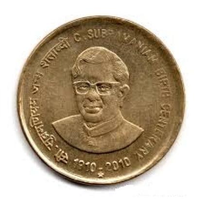 2009 5 RUPEES HYDERABAD MINT  UNC  Dr c subramaniam birth centenary 1910-2010 BRASS COMMEMORATIVE COIN