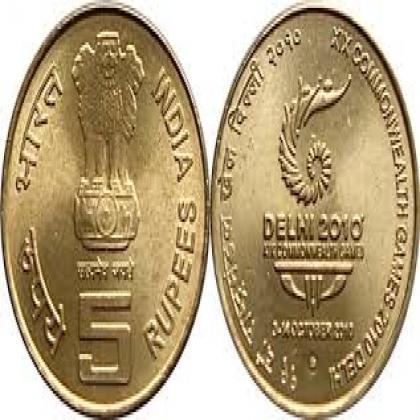 2010 UNC HYDERABAD MINT 5 RUPEES XIX COMMON WEALTH GAME NEW DELHI BRASS COMMEMORATIVE COIN