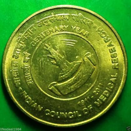 2011 UNC KOLKATA MINT 5 Rupees Centenary Indian Council of medical Research commemorative coin