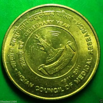 2011 UNC KOLKATA MINT 5 Rupees Centenary Indian Council of medical Research commemorative coin