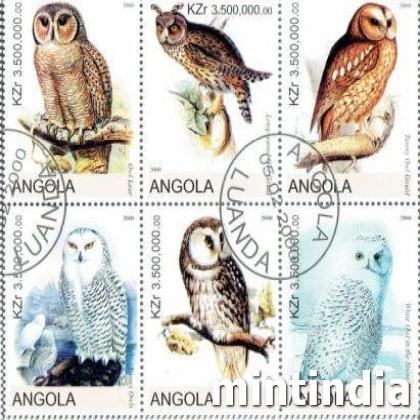 ANGOLA NIGHT OWL BIRD THEME BLOCK OF SIX STAMPS