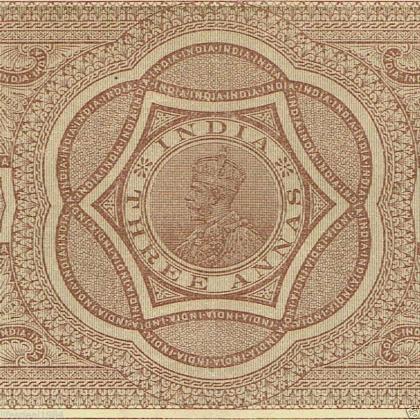 BRITISH INDIA KING GEORGE V KGV 3 ANNAS USED STAMP BOND PAPER