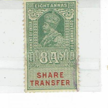 BRITISH INDIA KGV 8As SHARE TRANSFER REVENUE STAMP