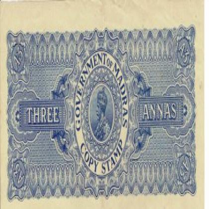 BRITISH INDIA KING GEORGE V 3 ANNAS USED STAMP BOND PAPER