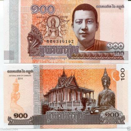 CAMBODIA 100 RIELS 2014 / 2015 MONK BUDDHA NORODOM UNC BANKNOTE L9