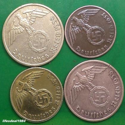 Lot of Germany 1&2 Reichspfennig coins and 3 stamps with Swastika S37 